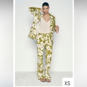 Zara Floral Cinch Waist Linen Pant XS